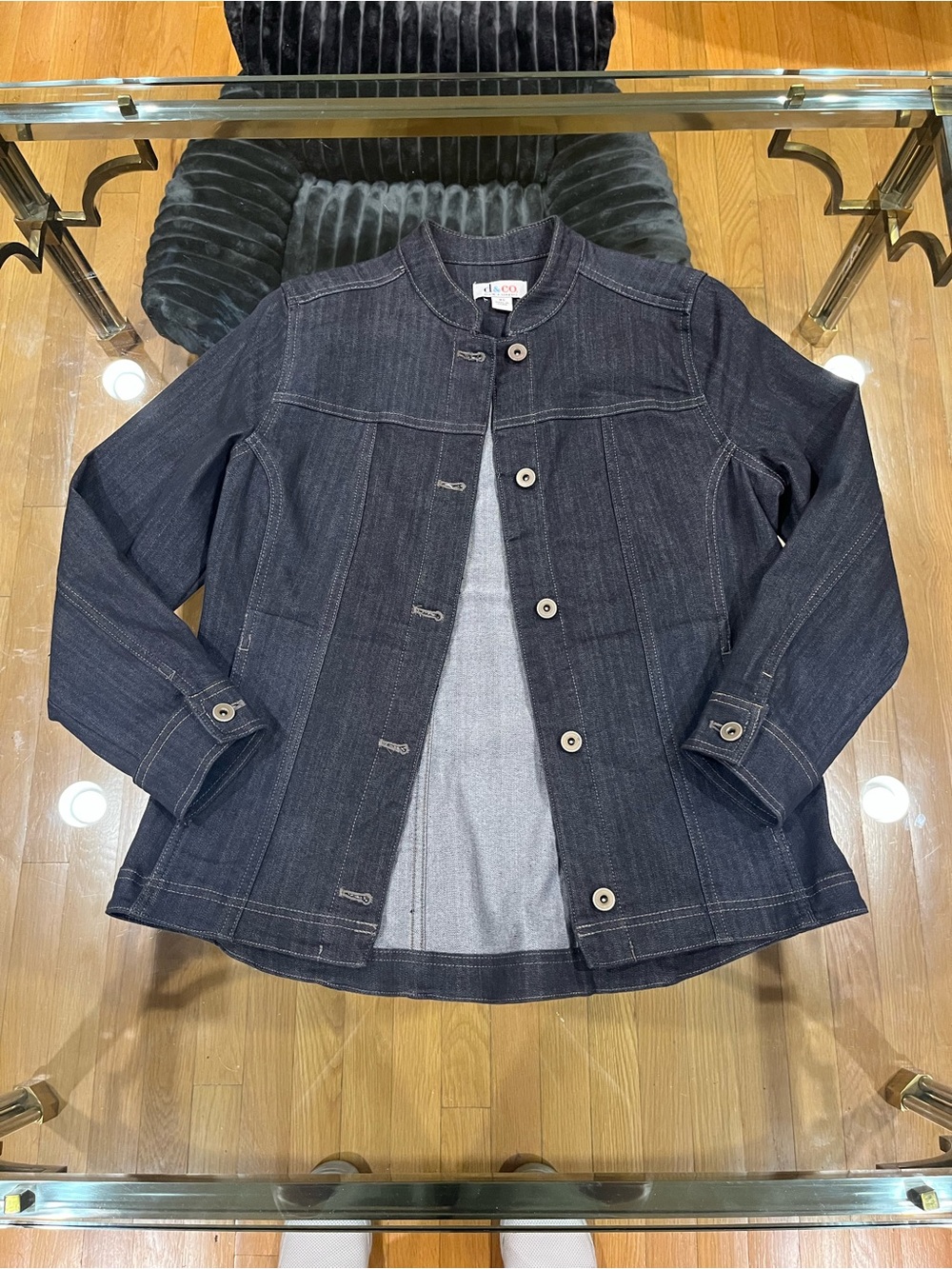 Denim&Co Dark Indigo Collarless Denim Jacket